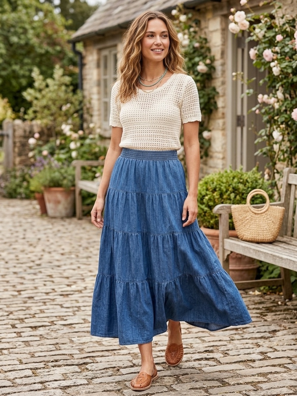 Willowbend Vintage Cotton Elastic-Waist Tiered Denim Maxi Skirt, Size Medium